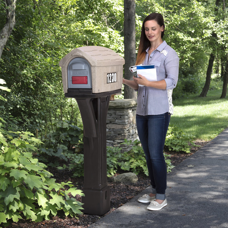 Classic Brown Plastic Post Mount Mailbox with Dual Access