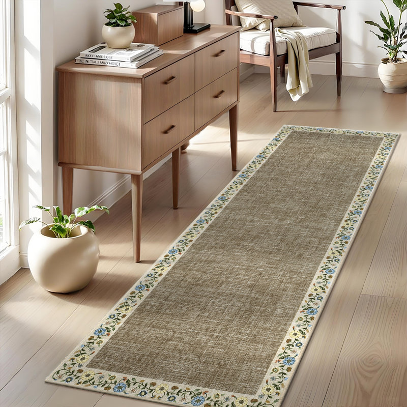 Washable Living Room Rug Floral Bordered Area Rugs Soft Thin Indoor Carpet for Bedroom Modern Throw Aesthetic Mat Non Slip Stain Resistant Carpet for Dining Room Office
