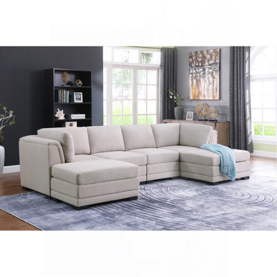 Canapé modulaire réversible en tissu de lin gris clair 121,5 po avec 2 repose-pieds