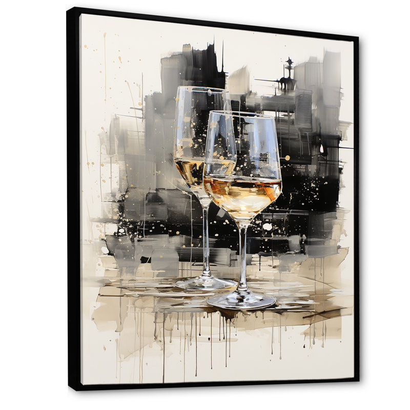 Verre noir et blanc Essence II - Champagne, art mural, Cadre flottant noir, H 44 po x l 34 po x P 1,5 po