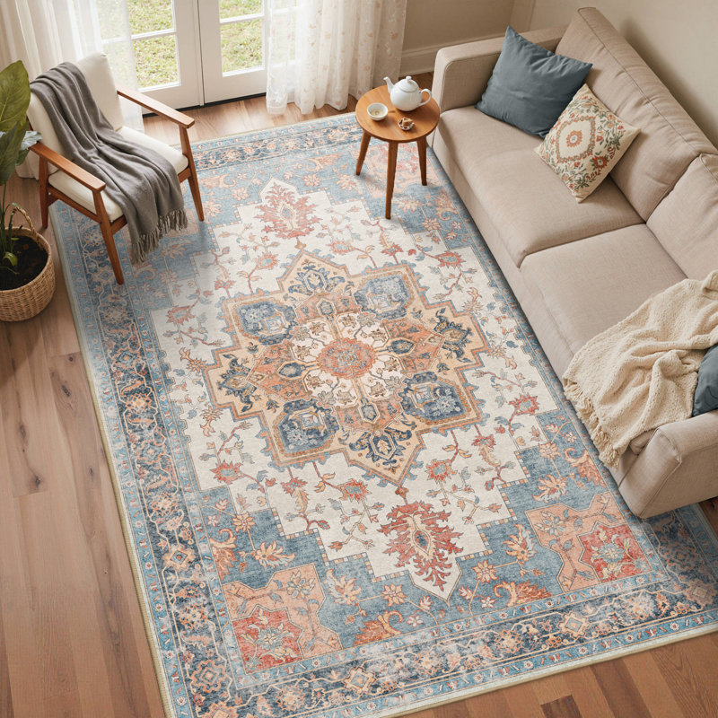 Tapis oriental bleu / rouge lavable à la machine Roehit, Rectangle 6 pi x 9 pi, Bleu / rouge / beige / orange