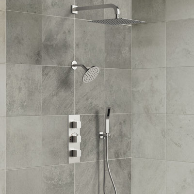 Thermostatic Dual Showerheads System, Wall Mount 12" High-Pressure Rainfall Shower Faucet with Handheld Spray