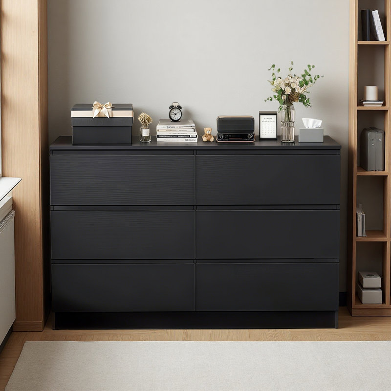 Modern Bedroom 6 Drawer Dresser, Black