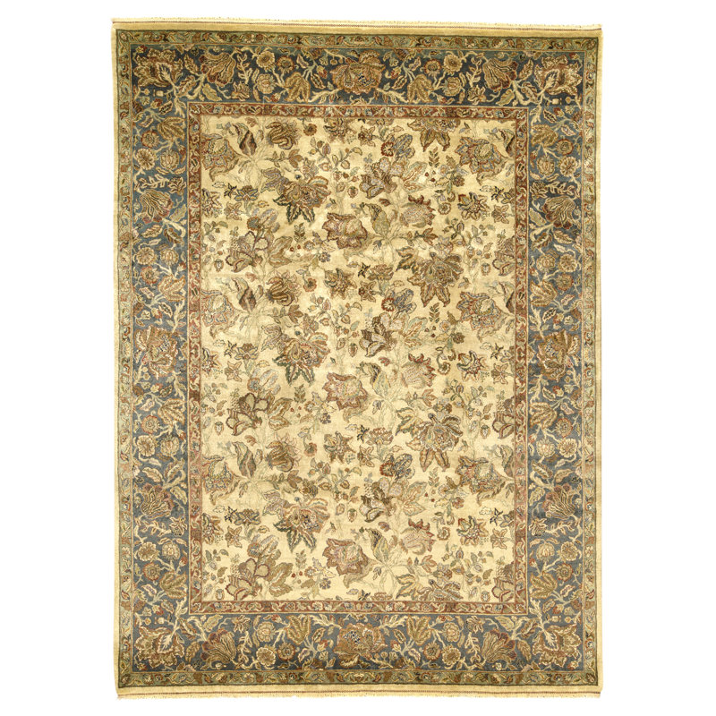 Tapis doré et bleu de haute qualité noué à la main