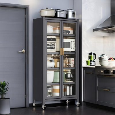 65" Metal Kitchen Storage Cabinet, 6 , Transparent Double - Opening Doors, Adjustable Shelves, Wheels, Gray, Stylish And Reliable Design Appearance