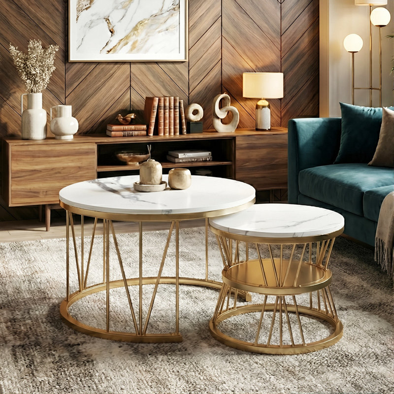 Round Nesting Coffee Tables (70+45Cm), Marble Effect V-Wire Frame With 2-Tier Storage Side Table, Gold