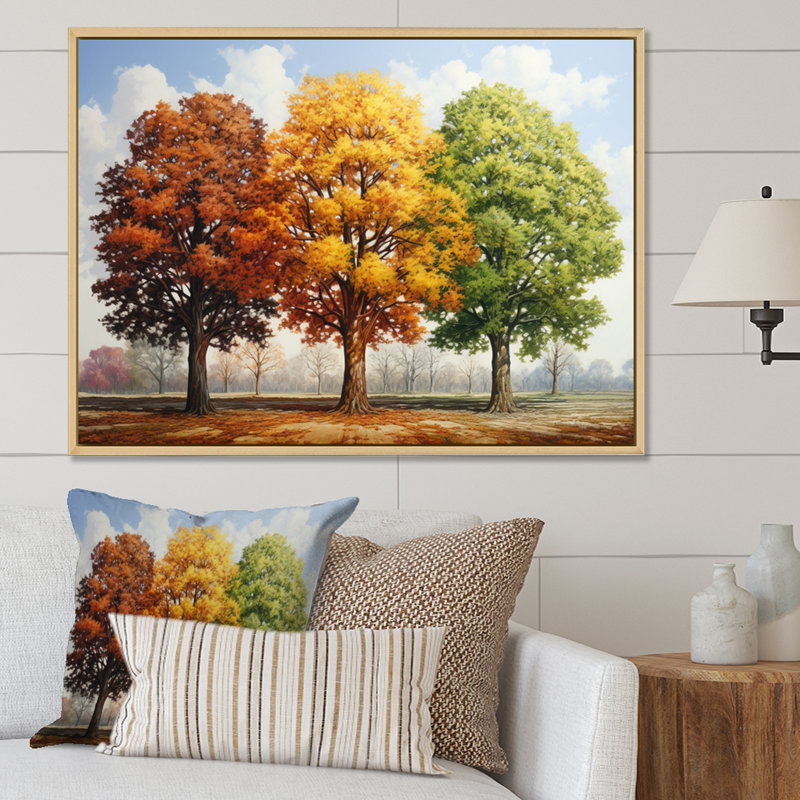 Tapisserie saisonnière orange sur érable jaune sur toile II, Cadre naturel flottant, H 16 po x l 32 po x P 1 po