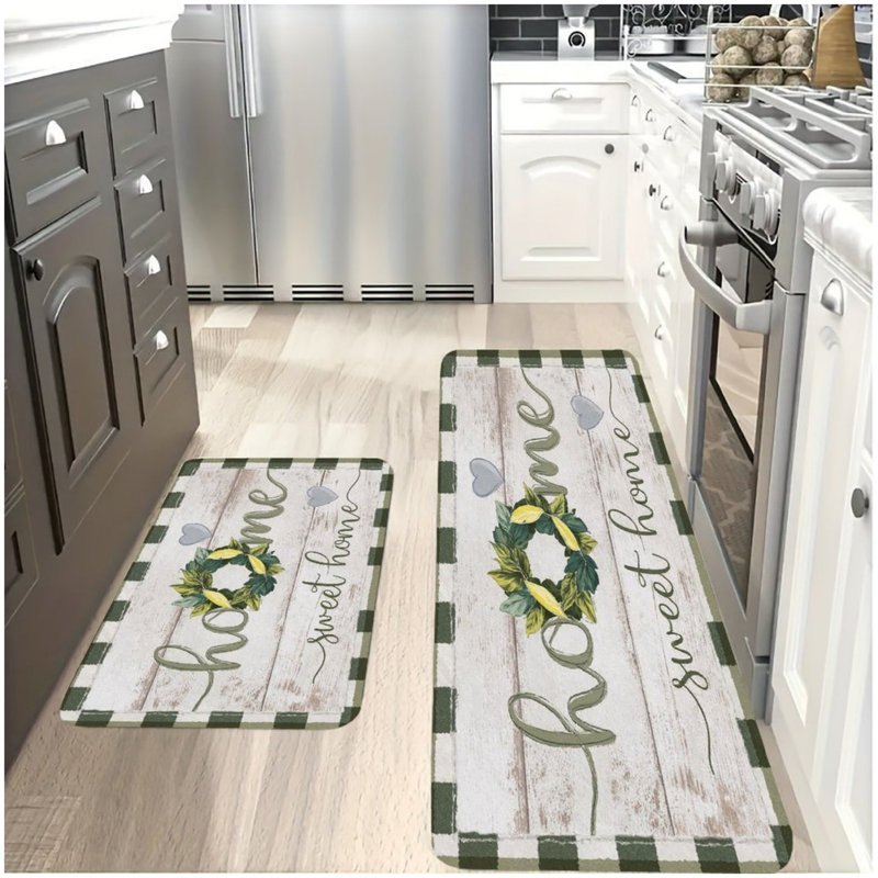 Tapis de cuisine «Home Sweet Home» Green Check, 2 tapis pour décoration intérieure, tapis de cuisine et de vestibule