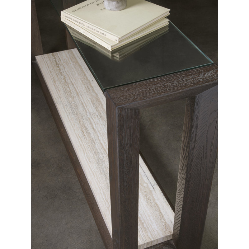 Contemporary Mocha Brown Oak & Glass Console Table with Travertine Shelf