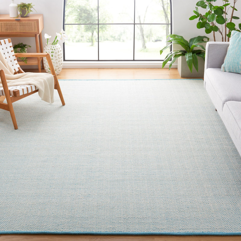 Vermont Hand Woven Cotton/Wool Geometric Rug in Teal/Ivory, Rectangle 8' x 10'