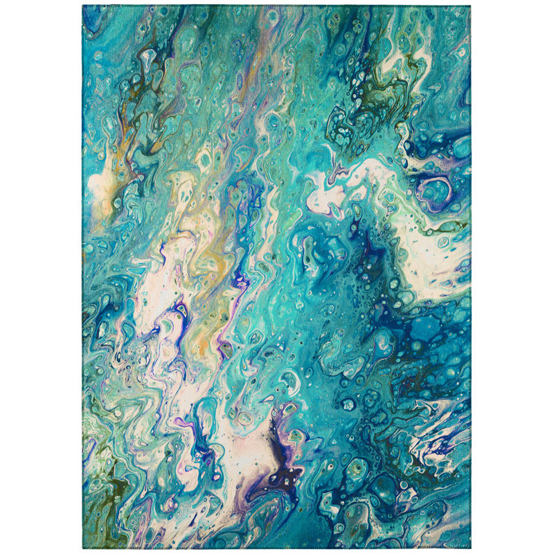 Tapis bleu abstrait tissé à la machine, Rectangulaire 3 pi x 5 pi