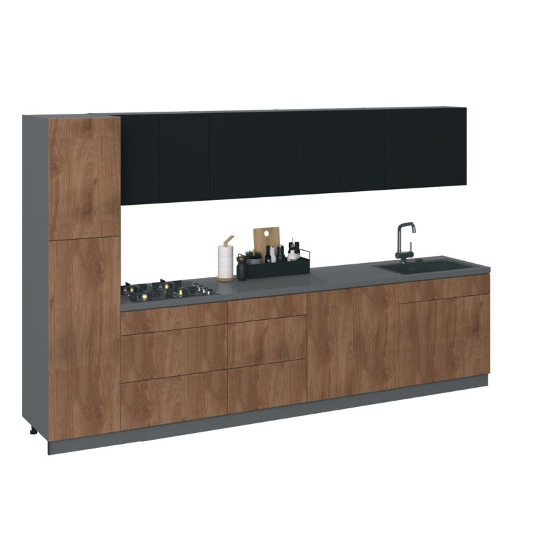 Cuisine complète l 135 po x H 83 po en panneau de fibres à densité moyenne (MDF) prêt à assembler, Teck naturel / noir