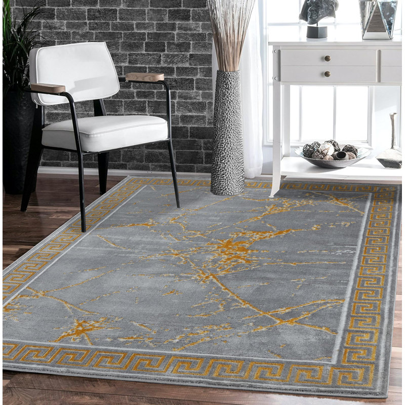 Mercer41 Area Rugs Marble Grey Gold Carpet Modern Abstract Rug Living Room Dining Bedroom Rug, Rectangle 2' x 3'