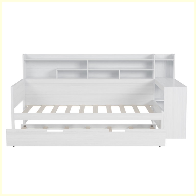 Wooden Daybed with Storage Shelves, Multi-functional Bed with Twin Size Trundle Bed and Study Desk, Twin, Antique White