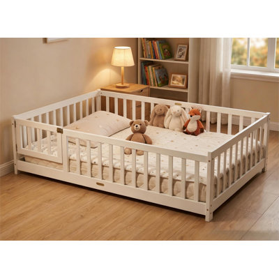 Queen Size Montessori Floor Bed With Fence & Door，kids Montessori Floor Bed With Safety Guardrails,Floor Beds for Girls and Boys