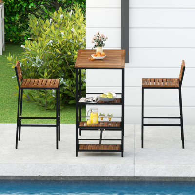 3 Pieces Outdoor Wood Bar Set w/ 3-Tier Storage Shelf & Metal Frame for Backyard