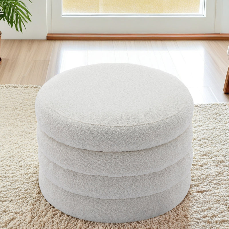 Repose-pieds rond avec rangement en tissu, Bouclé ivoire
