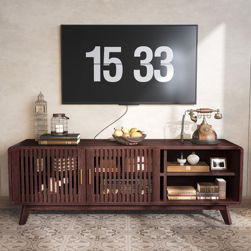 Maggie 63'' For Tvs Up To 72", Tv Console With 2 Sliding Doors In Grille Design And Charging Station, Mid Century Modern Entertainment Center With Storage For Living Room
