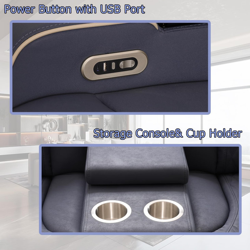 Causeuse inclinable électrique 71,5 po en cuir respirant avec base à DEL, porte-gobelets et console de rangement, Gris