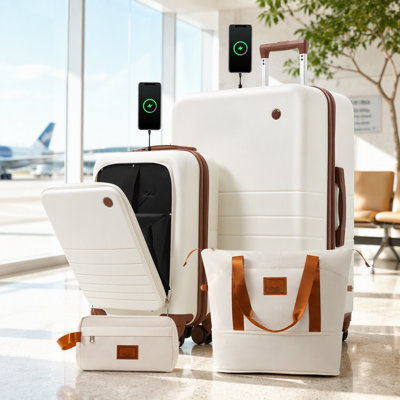 Ensemble de 4 valises avec ports de charge USB - 20 po Carry-On (ouverture frontale pour ordinateur portable) Valise à carreaux 28 po avec sac de voyage TSD Lock sac de toilette à sec, adapté aux vacances de voyage / voyages d'affaires / vie sur le Campus