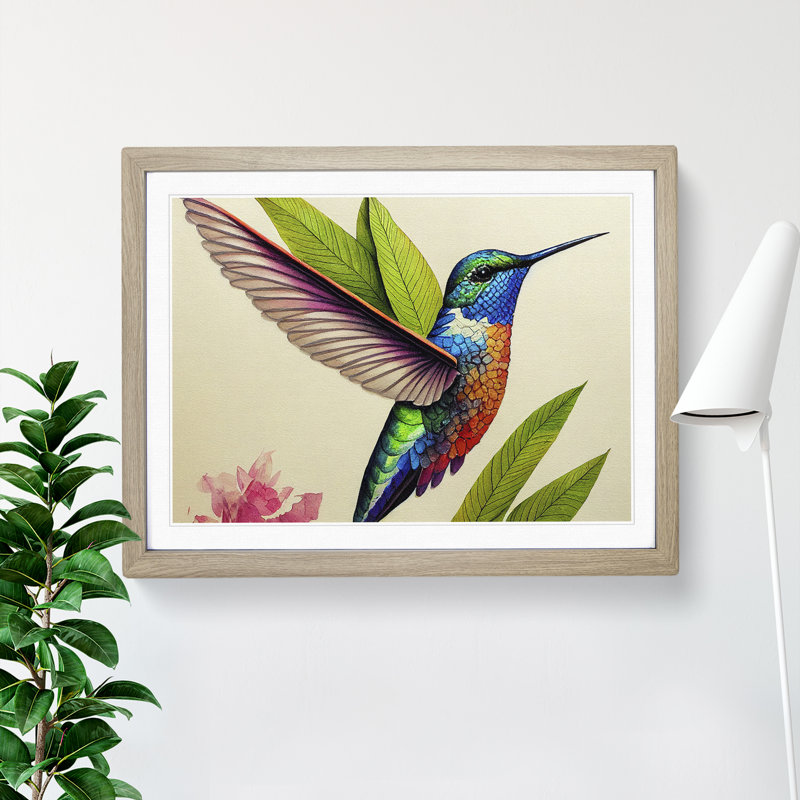 Hummingbird Vol.2 - Single Picture Frame Print, 25cm H x 34cm W x 2cm D, Oak