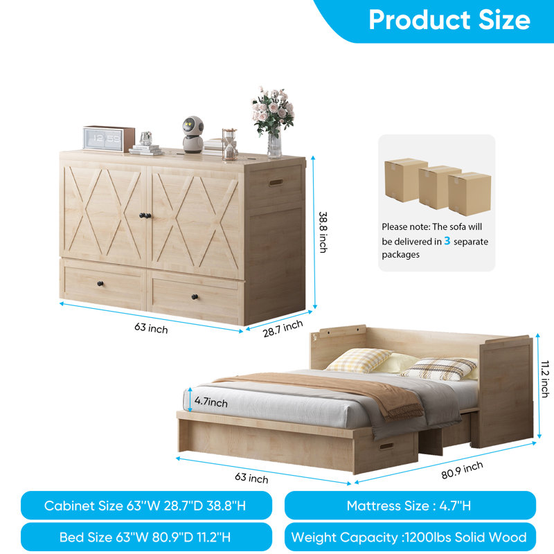 Grand lit escamotable Murphy avec grand tiroir de rangement et chargement USB, bois, Bois
