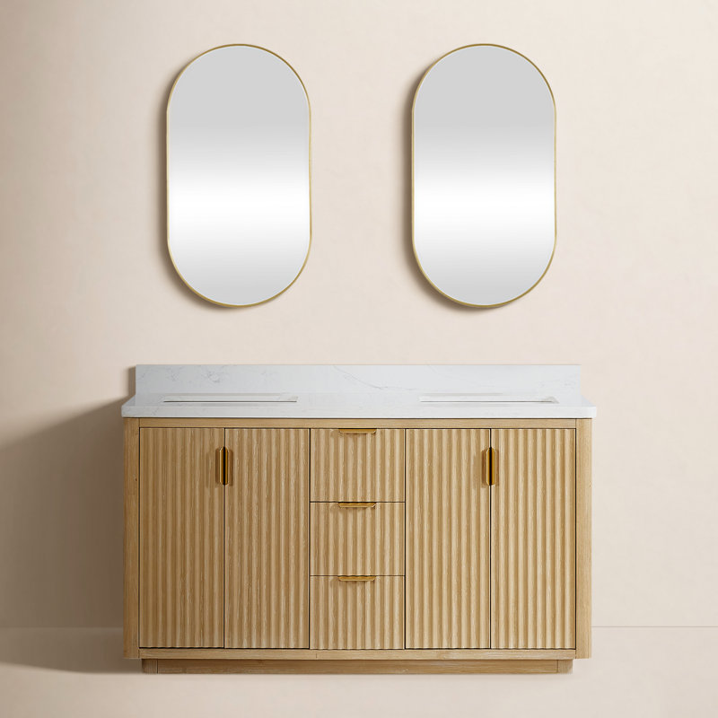 Ensemble de meuble-lavabo double 60 "avec miroir Adela, Blanc / Blanc, Doré, Brun