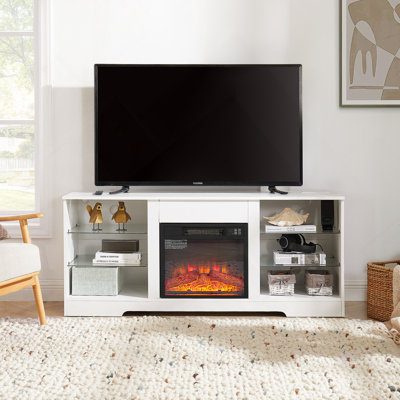 Multifunctional TV Stand With Electric Fireplace And Glass Shelves, Adding Cozy Atmosphere And Storage To Your Home