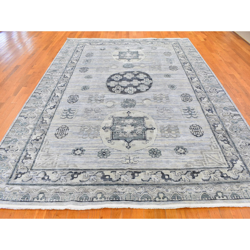 Tapis décoratif en gris noué à la main de conception unique 8 pi 10 po x 12 pi 1 po charde