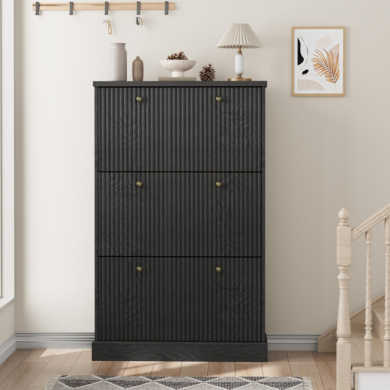 Modern Narrow Wave Shoe Cabinet with 3 Flip Drawers – Adjustable Shelves, Wooden Freestanding Organizer for Entryway, Living Room, Hallway (Black)