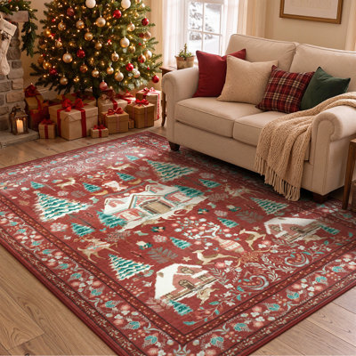 Tapis de Noël, motif hivernal festif, lavable et antidérapant, idéal pour le salon, la chambre à coucher, l'entrée et la salle à manger.