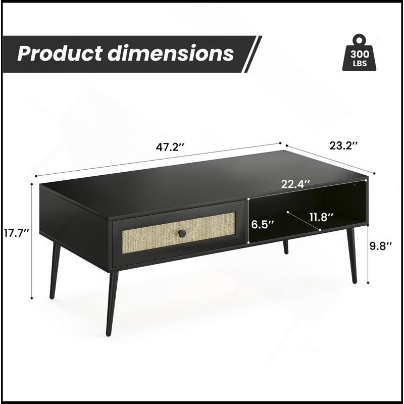 Table basse de style Mid-Century moderne, console rectangulaire de 47 pouces avec tiroir et tablette, table basse en bois pour le salon, bureau