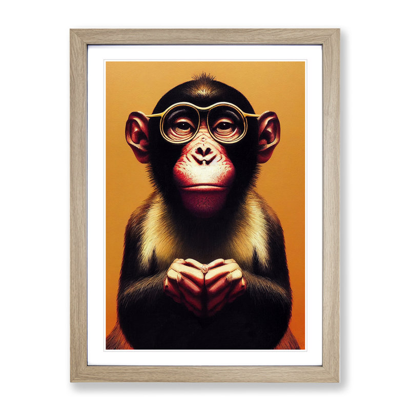 Monkey In Glasses No.2 - Framed Print, 64cm H x 46cm W, Beige