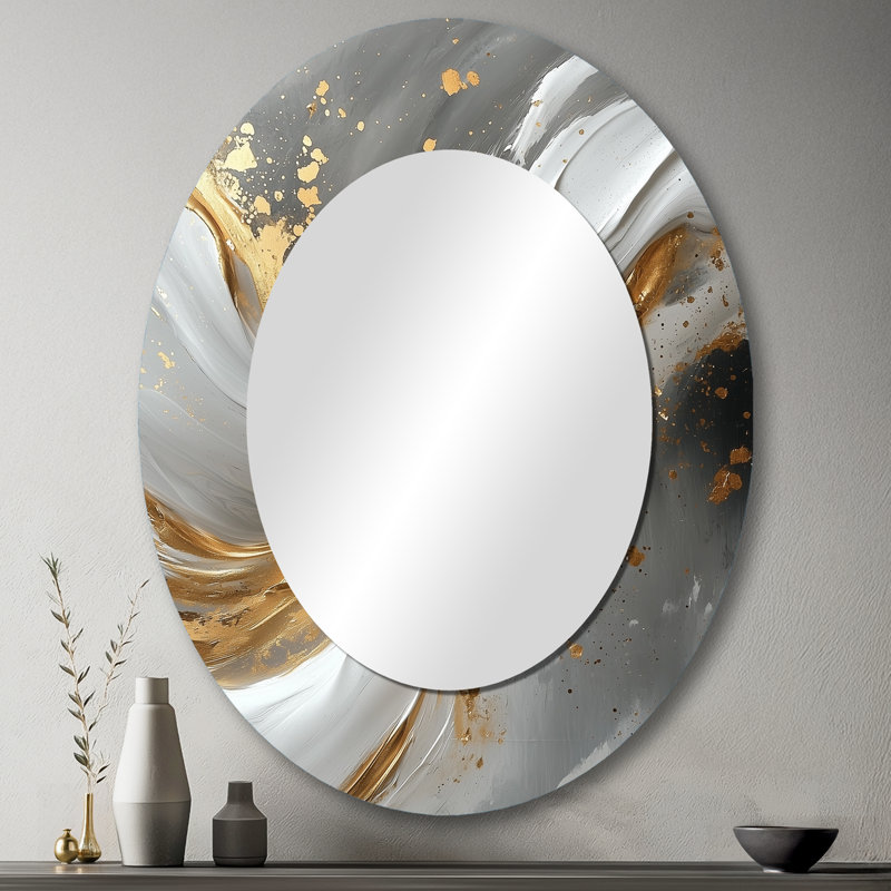 Abstract Marble In Grey And Gold Tones II - Gold Modern Oval Wall Mirror, 43" x 33"