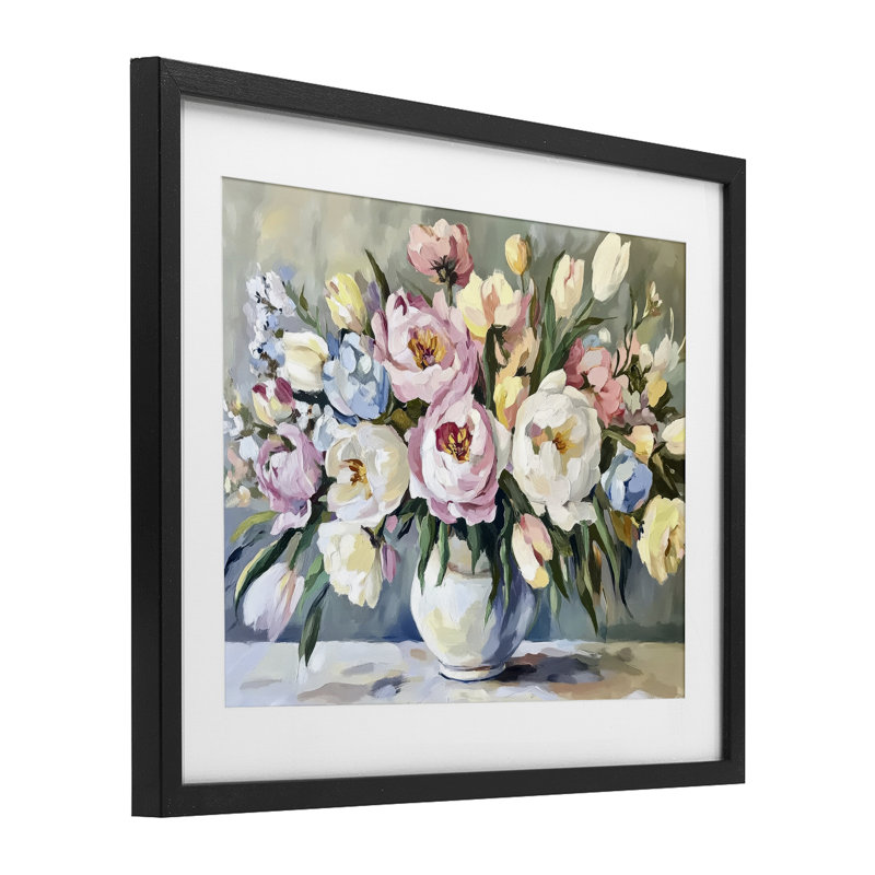 «Pastel Peony Bunch Bouquet», reproduction sous verre encadrée, design par Petal Prints Design, H 13 po x l 16 po
