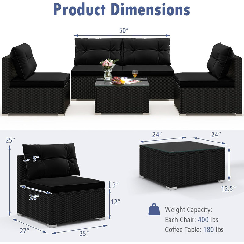 5 Piece Outdoor Furniture Set With Seat & Back Cushions Tempered Glass Tabletop, Black