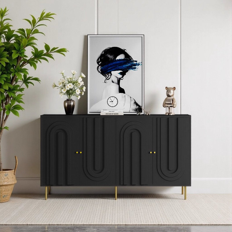 Modern Black Lacquered 4 Door Wooden Cabinet - Sideboard Buffet Server for Living Room, Entryway, Office, Kitchen & Dining Room