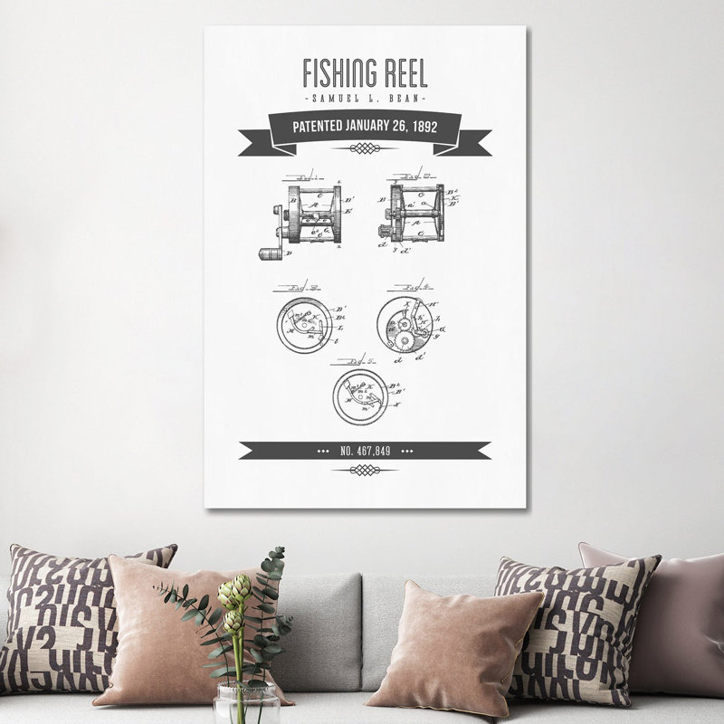 Samuel L. Bean Fishing Reel Patent Sketch Retro (Charcoal) by Aged Pixel - Wrapped Canvas Print