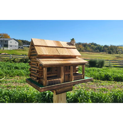 Log Cabin Birdhouse, Yellow Pine, Stone Chimney, 2 Nesting compartments