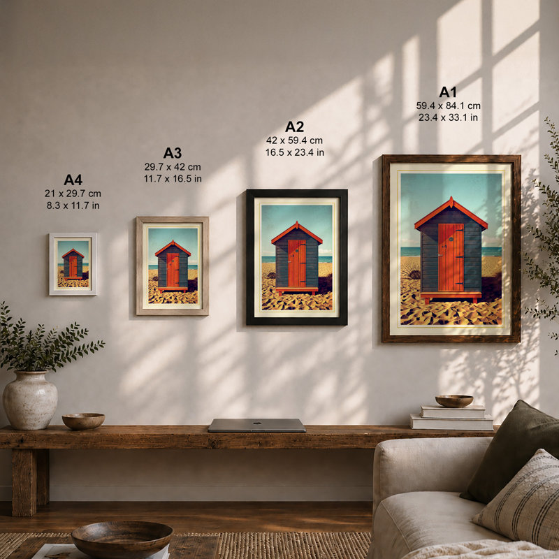 Beach Hut by the Sea Coastal - Framed Print, A4 - 29.7 x 21.0 cm, Walnut