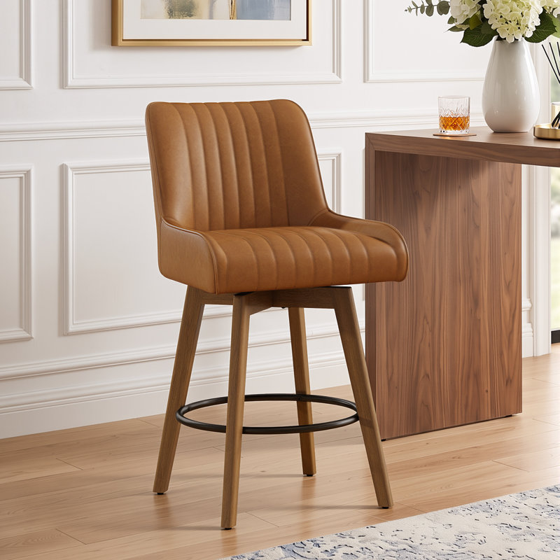 Extra-Wide 360° Swivel Bar Stool With Pocket Spring Seat & Solid Wood Base, Brown