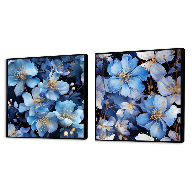 Earnhardt - Ensemble de 2 collages floraux carrés, Cadre flottant noir, H 16 po x l 33 po