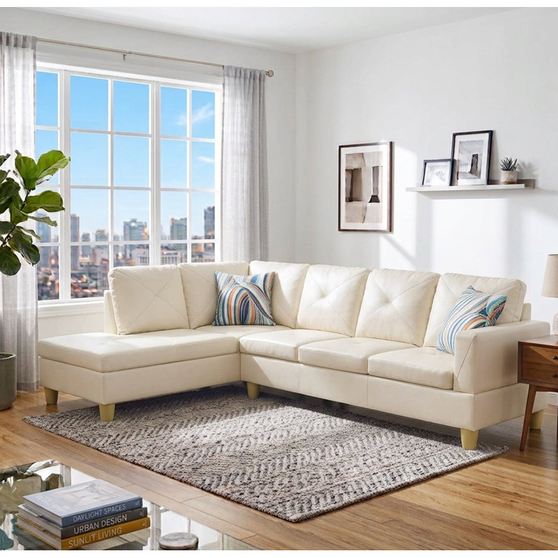 Glennia Faux Leather L-Shaped Sectional, White Faux Leather, Left Hand Facing