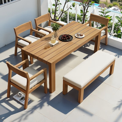 Ensemble de salle à manger pour 6 personnes avec trou pour parasol, table rectangulaire en bois d'acacia de 71 po, 4 chaises et 1 banc avec coussins amovibles pour patio, cour, bord de piscine, résistant aux intempéries