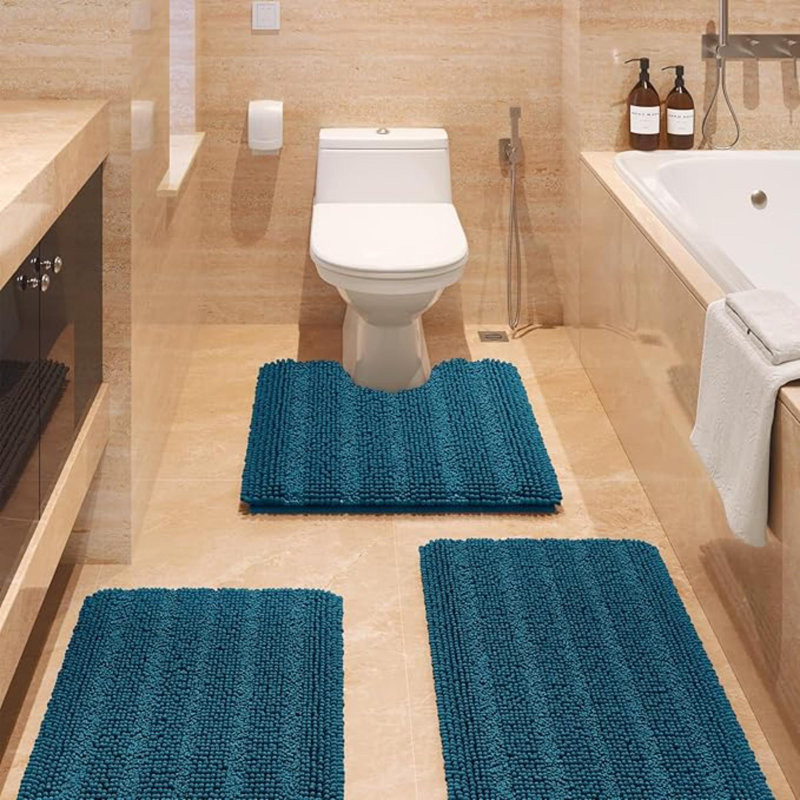 Ensemble de tapis de salle de bain rayé brun ultra doux et antidérapant en chenille pour salle de bain 3 pièces, Teal Blue