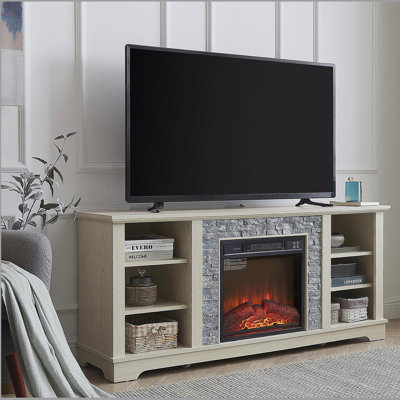 Meuble télé avec foyer, meuble télé en pierre, console de divertissement moderne avec insert de 18 pouces, blanc, l 58,31 po x P 15,39 po x H 26,06 po