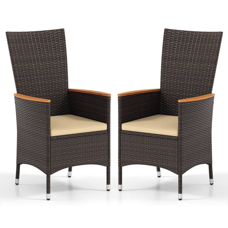 Ensemble de 2 chaises de patio en rotin avec dossier haut et accoudoirs en bois d'acacia, coussin, 2