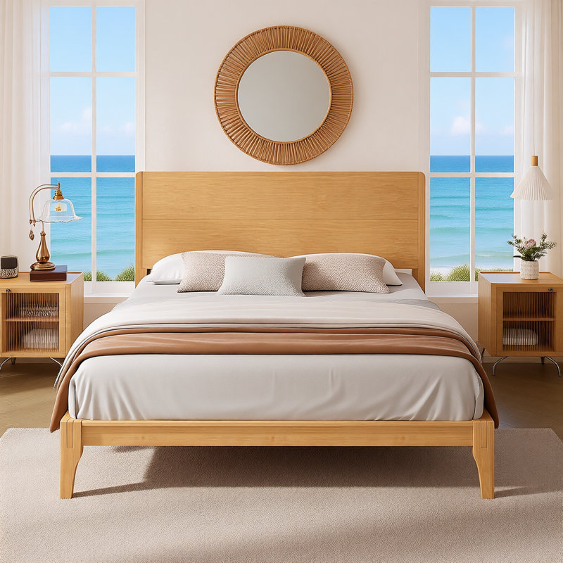 Mid-Century Modern 12-Inch Bamboo Wood Platform Bed with Wood Slat Metal Support, Eco-Friendly Design, No Box Spring Needed, Easy Assembly