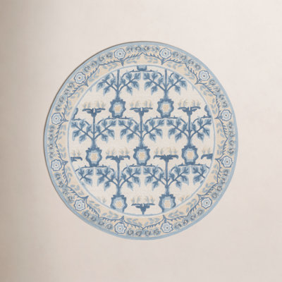 Ivory Blue Hand-Tufted Floral Wool Rug