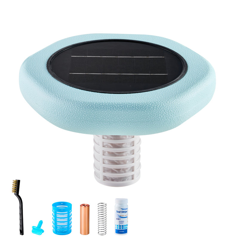 Ioniseur de piscine solaire, ioniseur de piscine hexagonal en cuivre jusqu'à 45 000 gallons, nettoyeur et purificateur d'eau flottant automatique, eau sans chlore, avec anode en cuivre, source, brosse et filtre pour piscines et spas